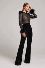 Black Lace Sequin Jumpsuit with Feather Cuffs & Wide-Leg Pants