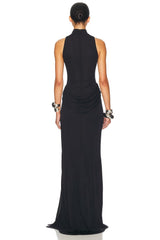 White Halter Neck Draped Waist Train Gown
