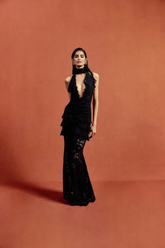 Black Satin A-line Evening Gown with Sweetheart Neckline & Crystals