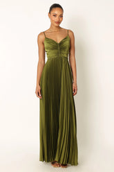 ladiesstreet Naira Pleated Maxi Dress - Palm Green thin adjustable straps soft feel partially lined 100% polyester Masquerade costumes