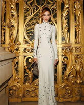 Turtleneck Embellished Slim-Fit Maxi Gown (Black/White)