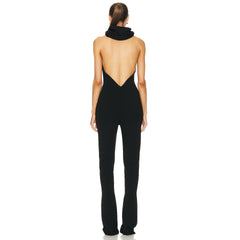 Luxury Black Hooded Halter Backless Wide-Leg Jumpsuit