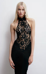 Black Lace Halter Velvet Gown