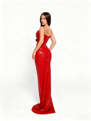 Luxury Red Sequin Spaghetti Strap Twist Front Slit Evening Gown
