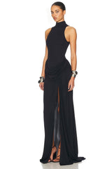 White Halter Neck Draped Waist Train Gown
