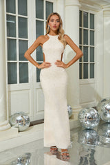 Ivory Halter Neck Pearl-Embellished Mermaid Gown
