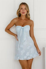 Strapless, floral print, resort-style mini dress