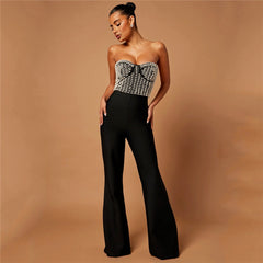 Black Pearl-Embellished Strapless Bustier & Flared Wide-Leg Pants Set