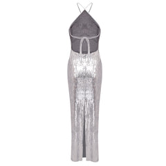 Silver Sequin Halter Gown